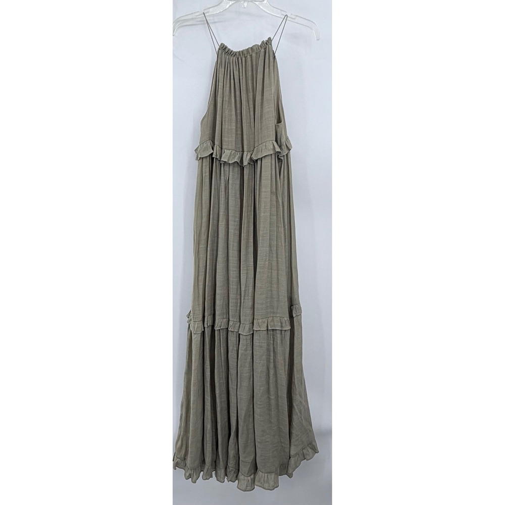 Fab'rik Maxi Dress Womens Medium Green Tiered Ruffle Boho Halter Lined
